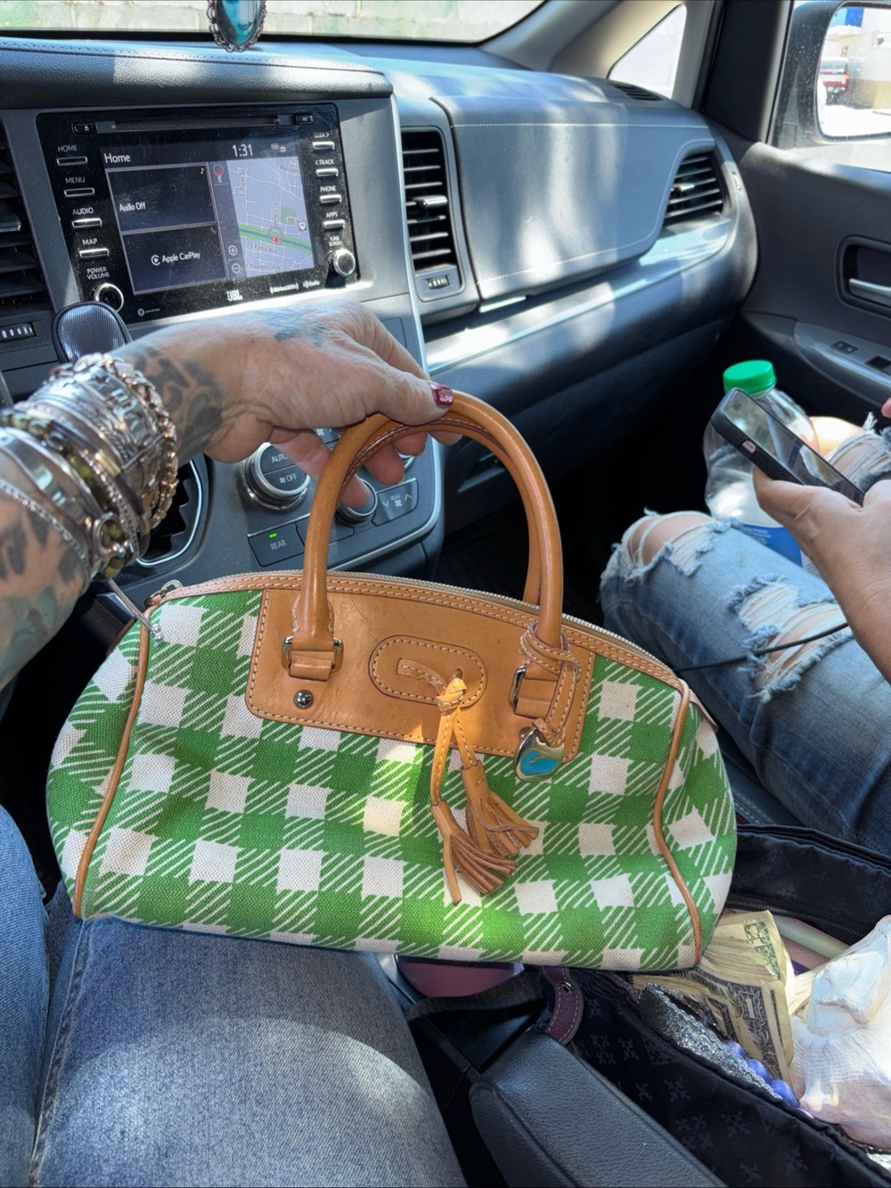 Dooney & Bourke Green and White Gingham Satchel with Tan Trim